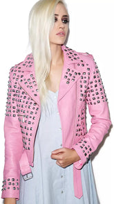 Women's Pink Spikes Leather Jacket Brando Studded Punk Rock Motorcycle Ladies Jacket